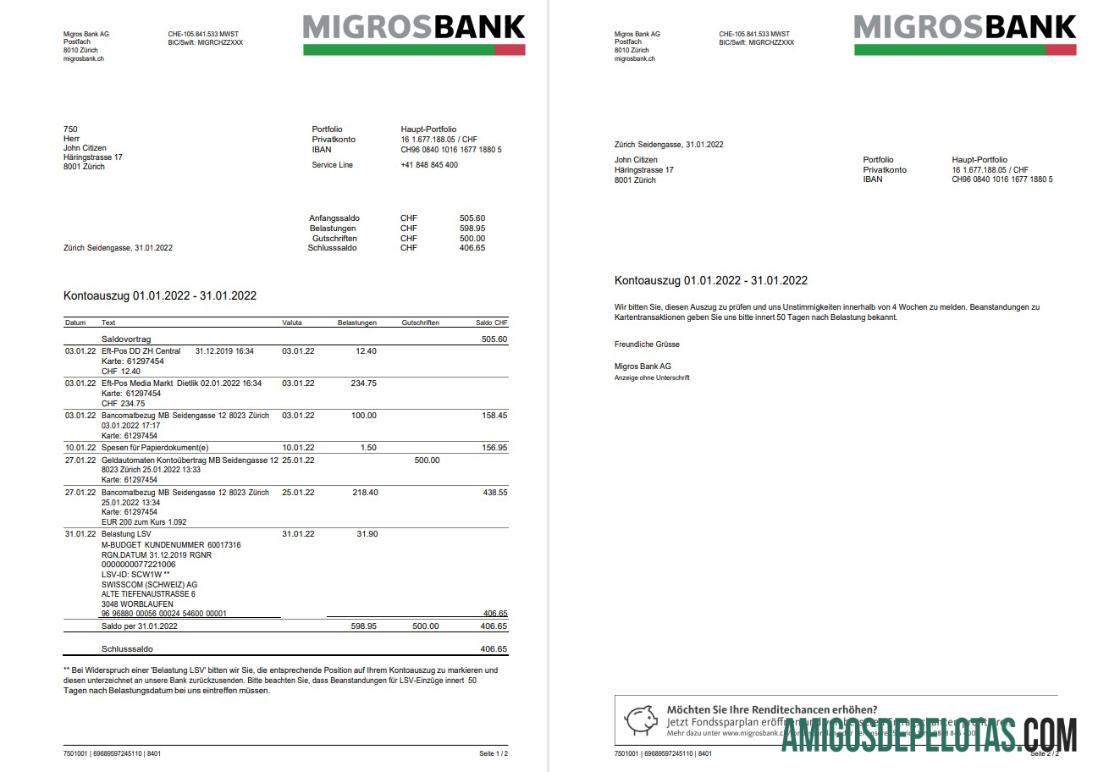 Modelo de extrato do Migrosbank da Suíça de 2 páginas